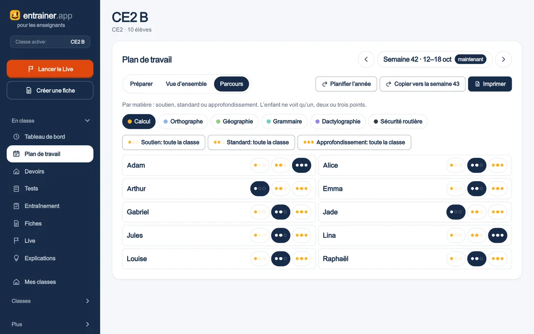 Les parcours d’une classe : un, deux ou trois points par élève en calcul.