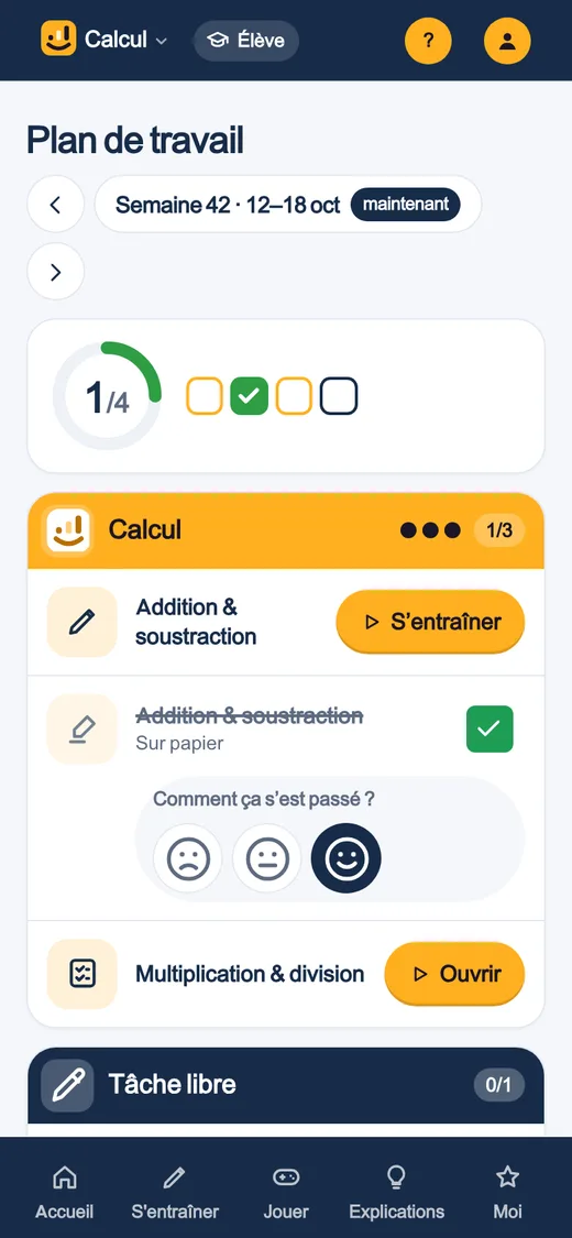 Le plan de travail sur un téléphone : les tâches par matière, avec des coches et des smileys.